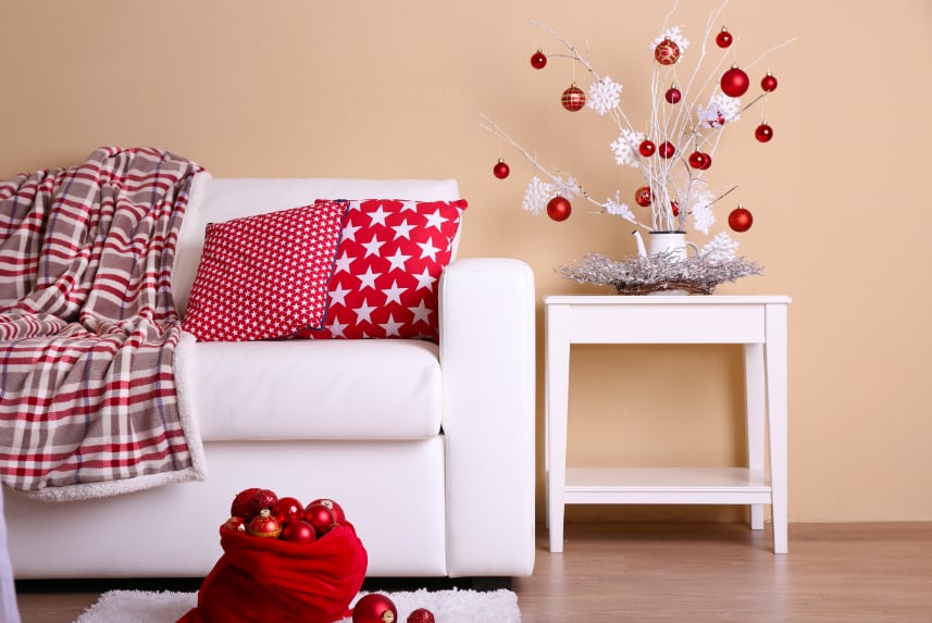 Holiday-themed furnishings in a living room area.